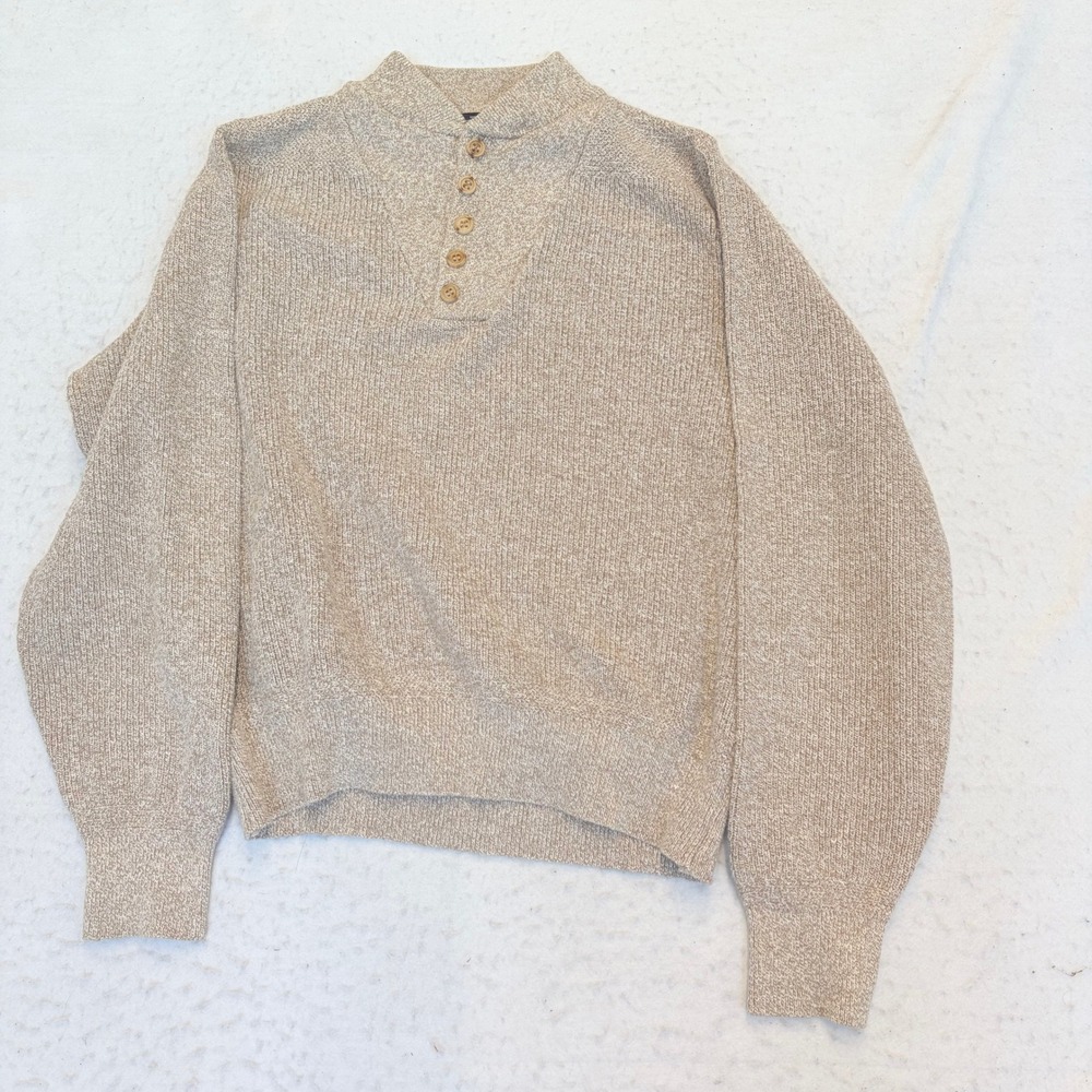Lands End Henley Sweater Mens L Beige Cotton Knit Made in USA Mock Neck